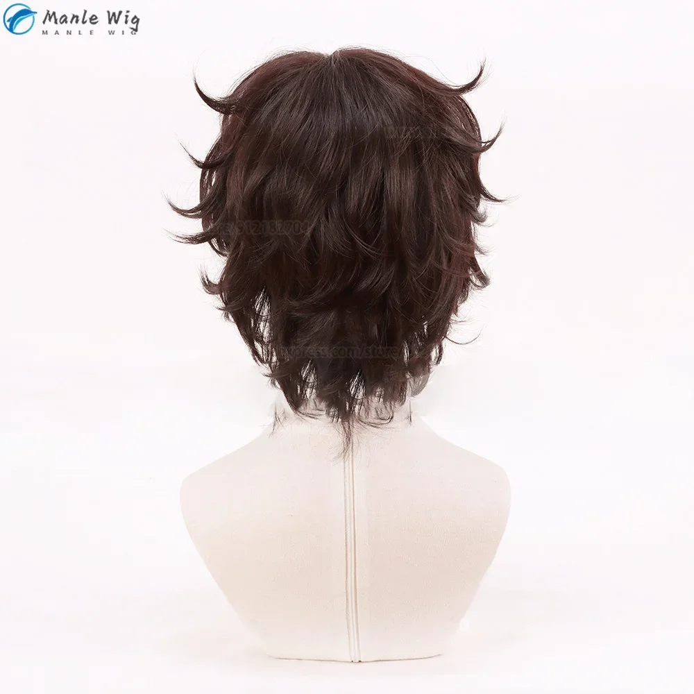 Anime Dazai Osamu Wig Cosplay Dark Brown Short Curly Dazai Osamu Cosplay Wig Heat Resistant Hair Halloween Party Wigs + Wig Cap