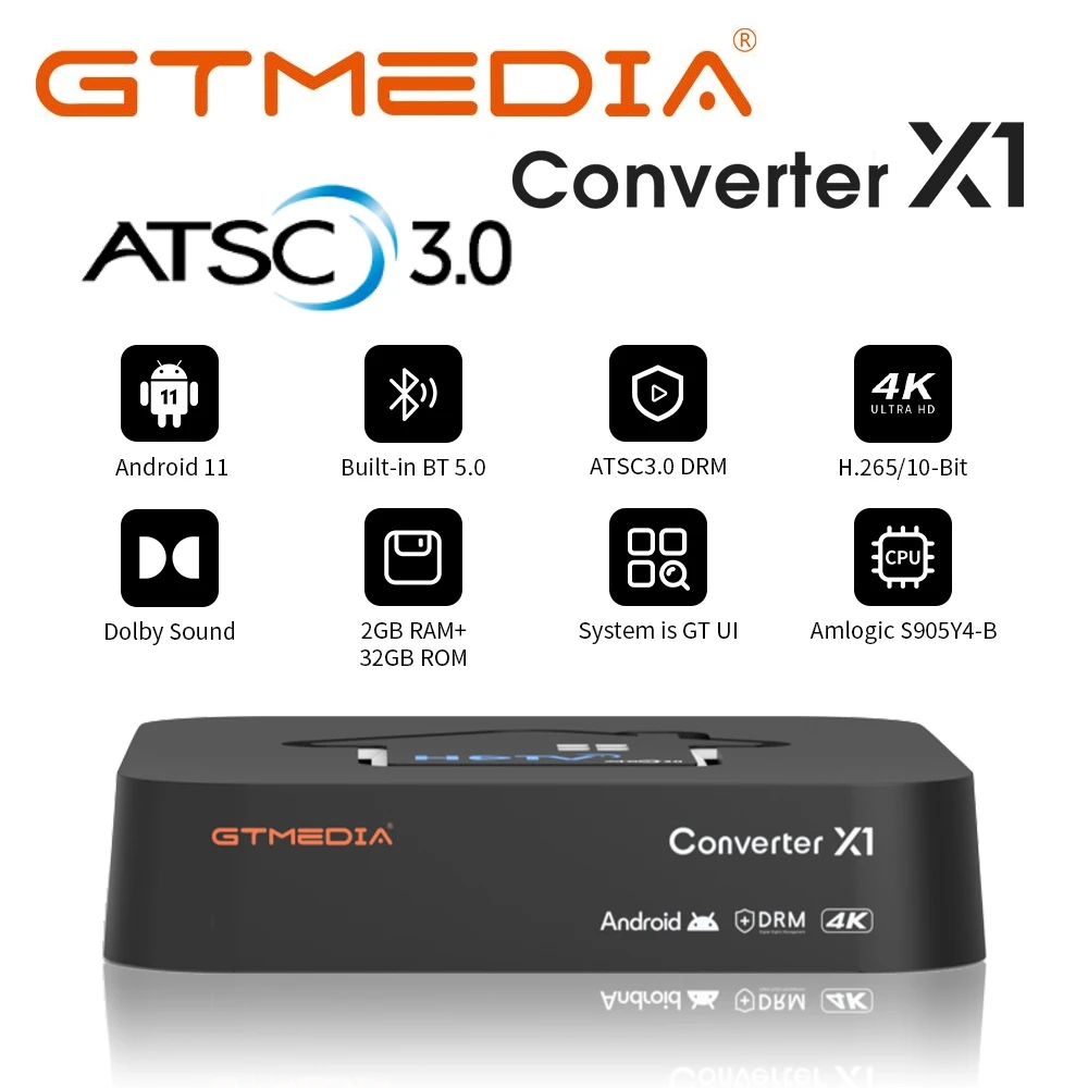 2025 Newest GTMEDIA HDTV Converter X1 4K HDR Android 11 TV BOX ATSC3.0 Smart Dec0der 2GB+32GB Built-in Wifi BT 5.0 for US Canada