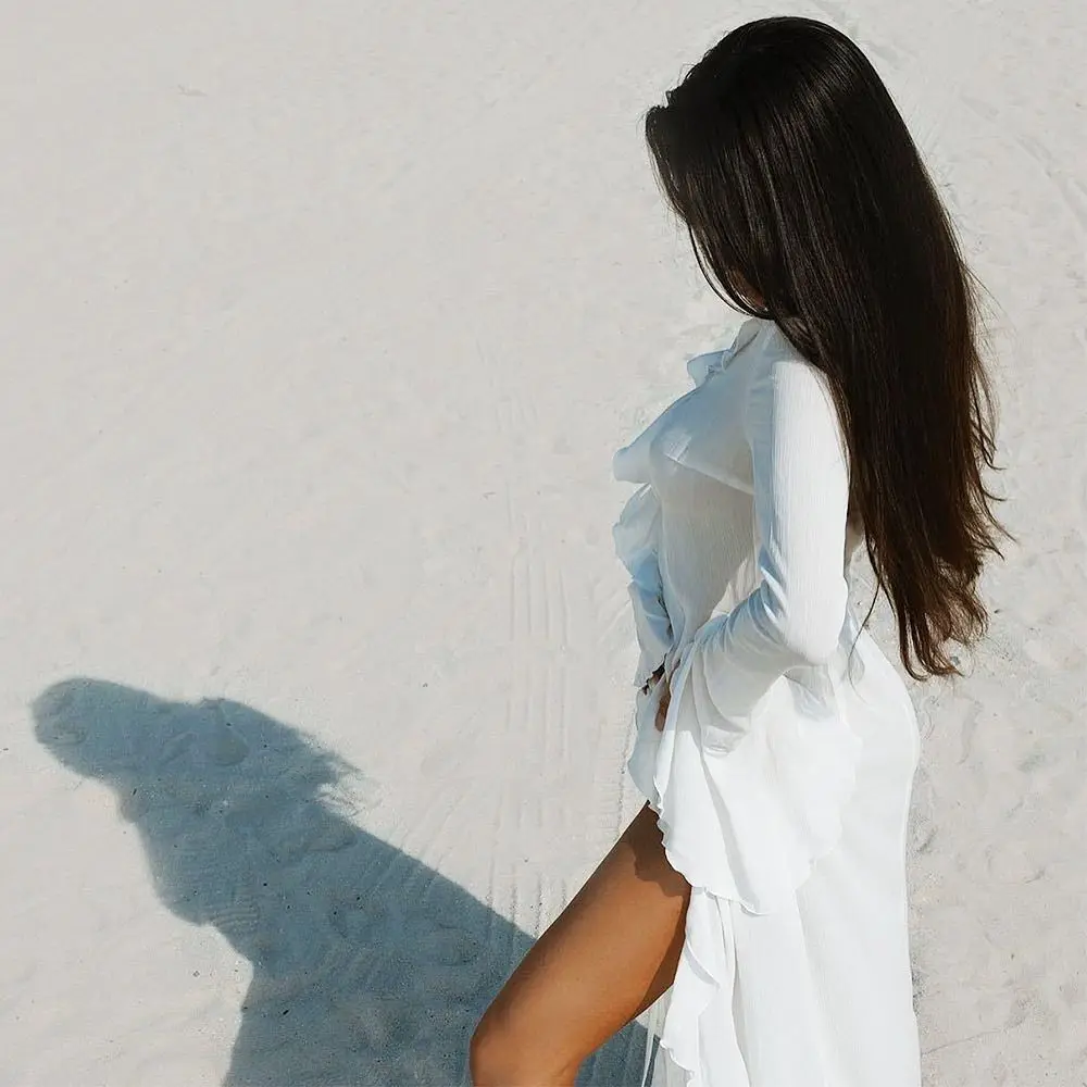 Fashion V Neck Summer Beach Cover Up Ruffled Long Sleeve Beach Dress Bathing Suit Loose Bikini Sunscreen Smock for Women