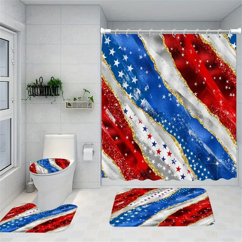 4pcs Glitter US Flag Shower Curtain Set, Red White Blue Patriotic Bathroom Sets With Shower Curtain And Rugs, Waterproof Polye