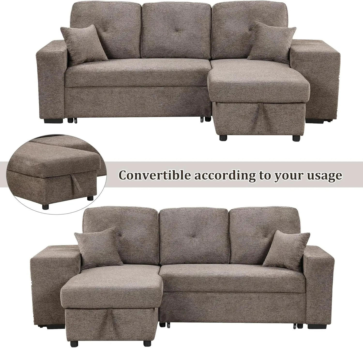 95"" Reversible Sleeper Sectional Sofa Bed With Side Shelf And 2 Stools,Pull-Out L-Shaped Couch With Storage Chaise Left/Right