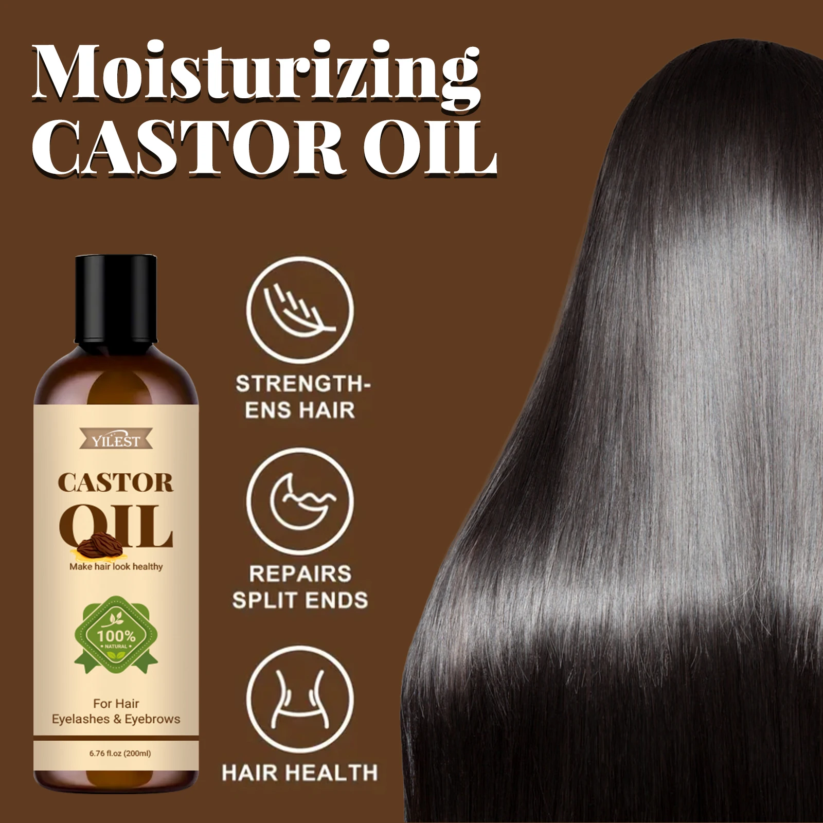 

Strengthening Castor Oil 200ml, for Hair Growth & Eyelash Care, Repairs Split Ends & Nourishes Scalp, YILEST Natural Treatment