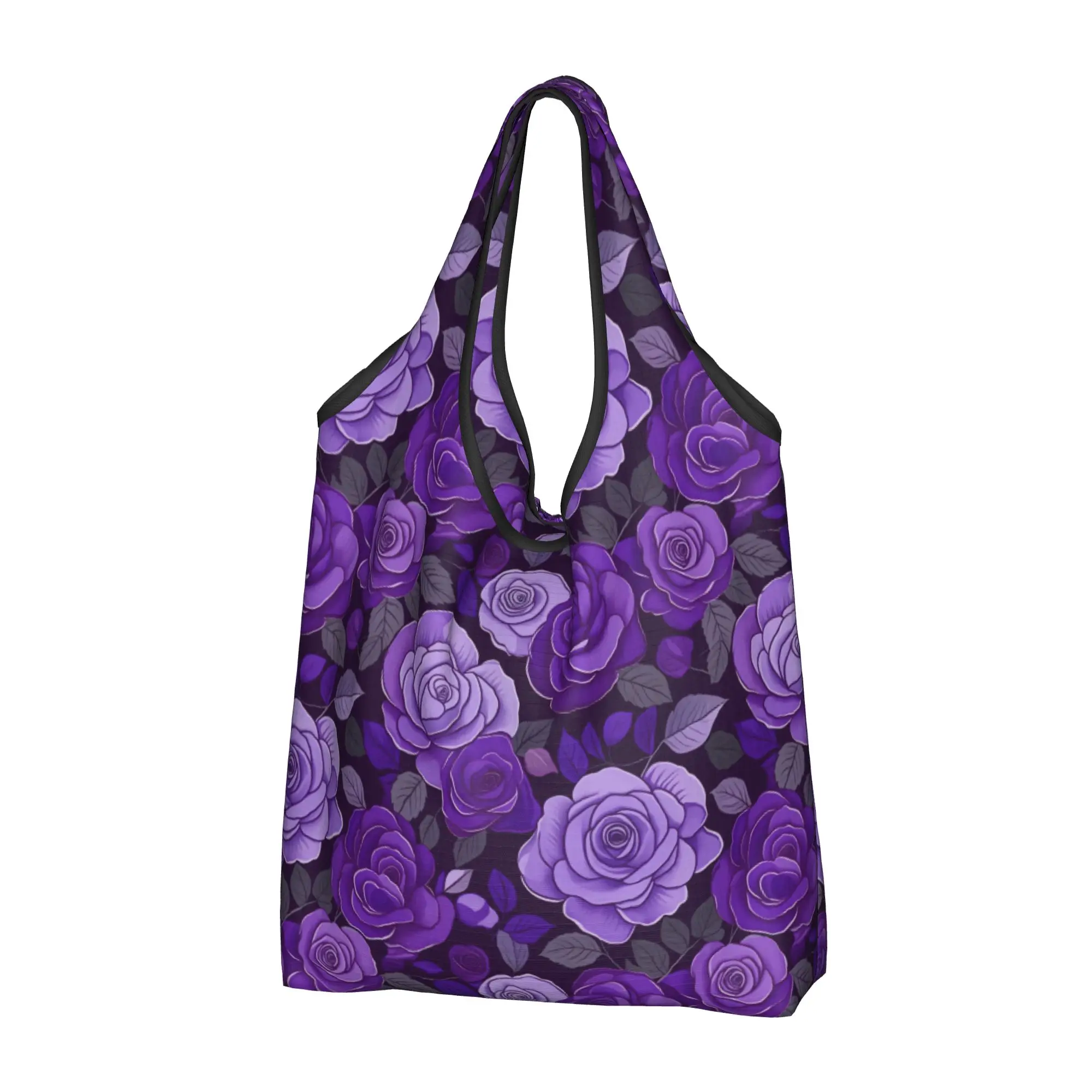 Cute Print Rose Flowers Victorian  Shopping Tote Bag Portable Shoulder Shopper Purple Floral  Handbag