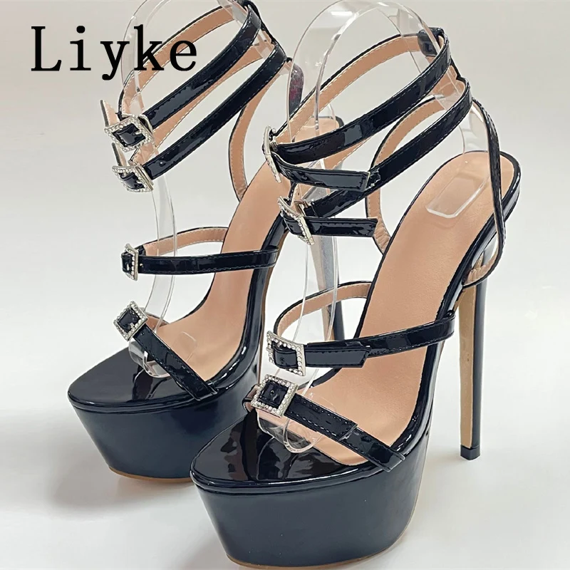 Liyke Model Catwalk Sexy Thin High Heels Women Fashion Rhinestone Buckle Open Toe Ankle Strap Platform Sandals Shoes Stiletto