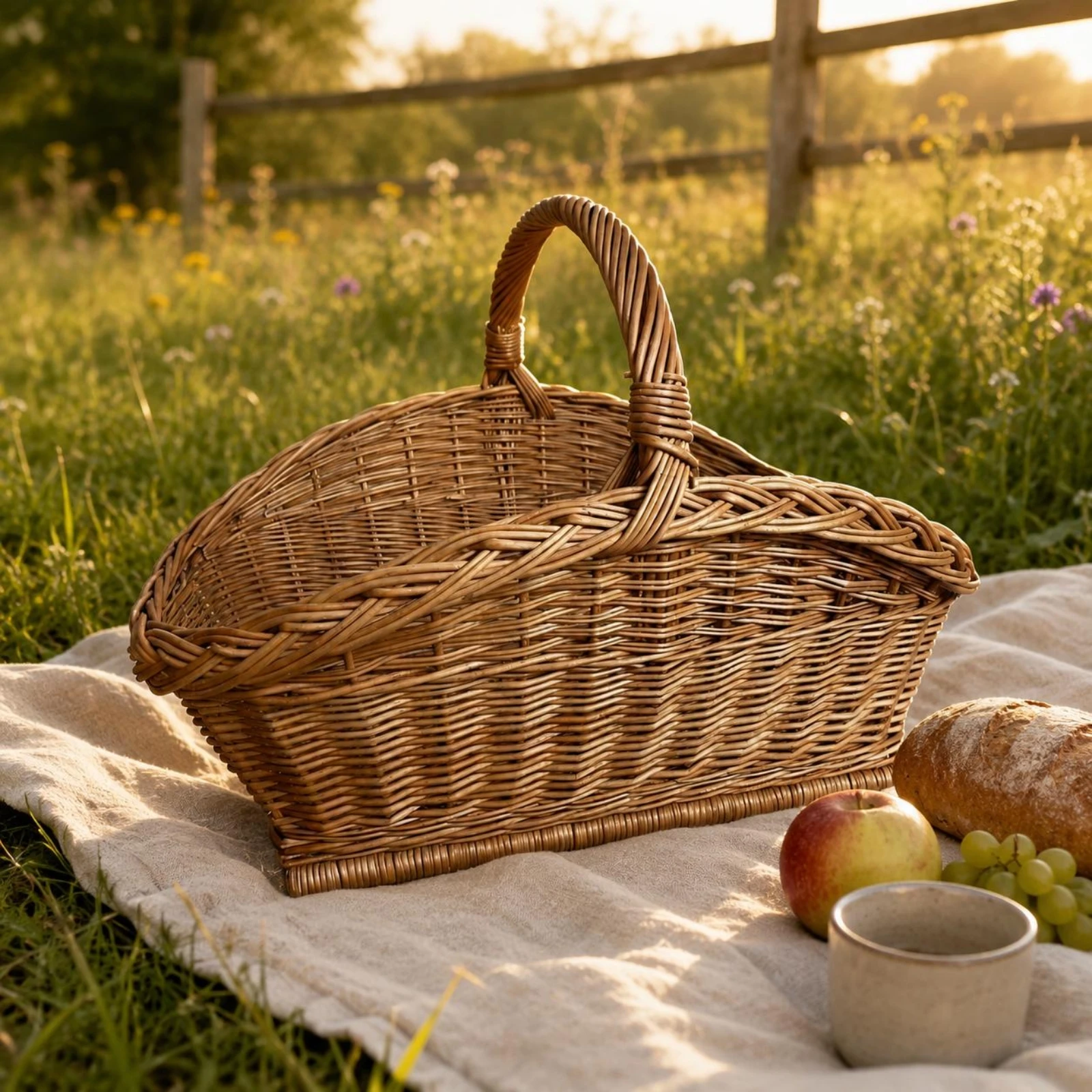 Oval Wicker Basket Open Top Wicker Picnic Basket Household Storage Flared Body Carrying Container Reinforced Base