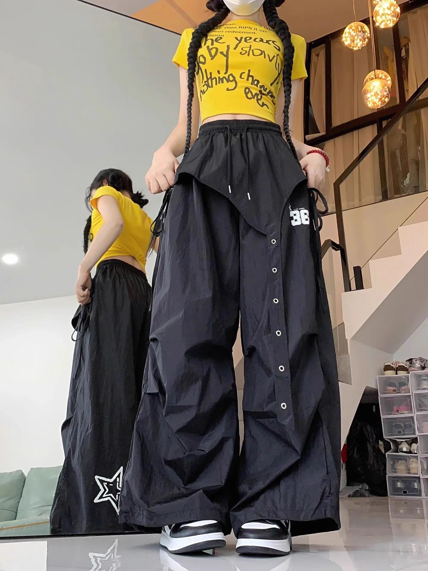 Women's Hip Hop Cargo Pants, Layered Skirt Overlay Wide Leg Parachute Pants, Quick Dry Baggy Dance Trousers with 36 Print