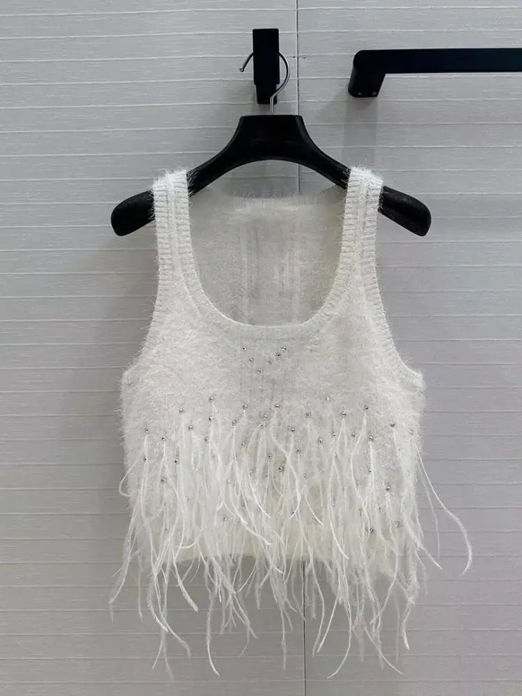 

25 Sweet Girl Summer Knitted Tank Sweater Women Diamonds Embroidery Feathers Decoration Short Sleeveless Design Cute Vest Jumper