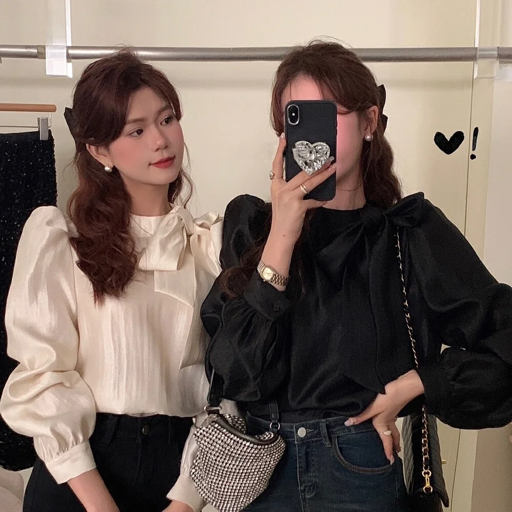 

Blouse Women Office Lady Korea French Style Long Sleeve Solid Knitted Bow O-Neck Belt Blusas Womens Tops And Blouses