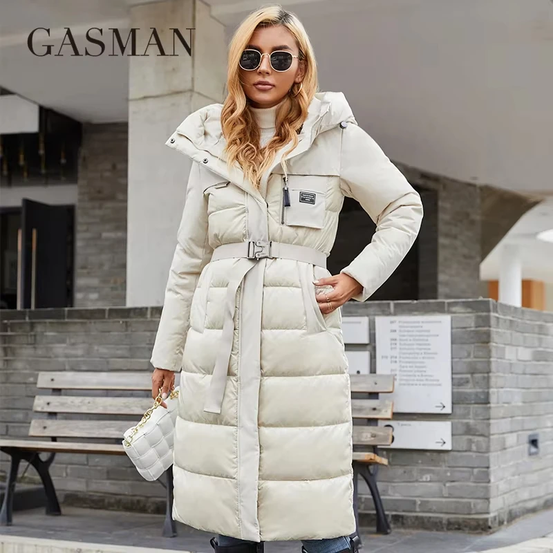 Gasman 2022 Vrouwen Jas Lange Elegante Mode Winter Jas Voor Vrouwen Merk Rits Warme Parka Met Riem Down jassen 8189