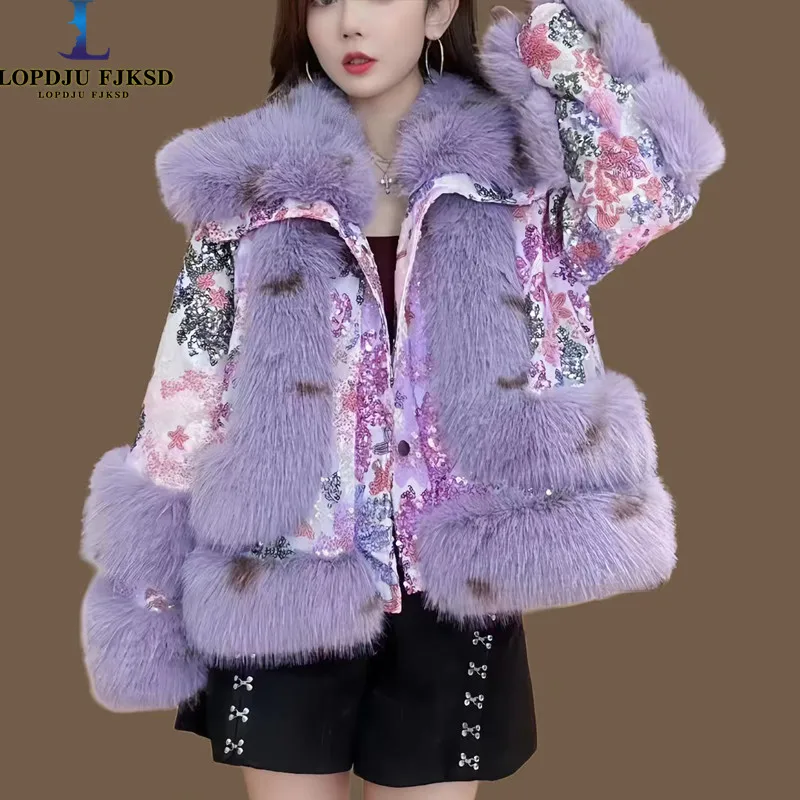 Faux Fur Coats for Women,Embroidery Jacket,Female Thick Warm Clothes,Sequins,Turn-down Collar,High Quality, New, Winter,2025