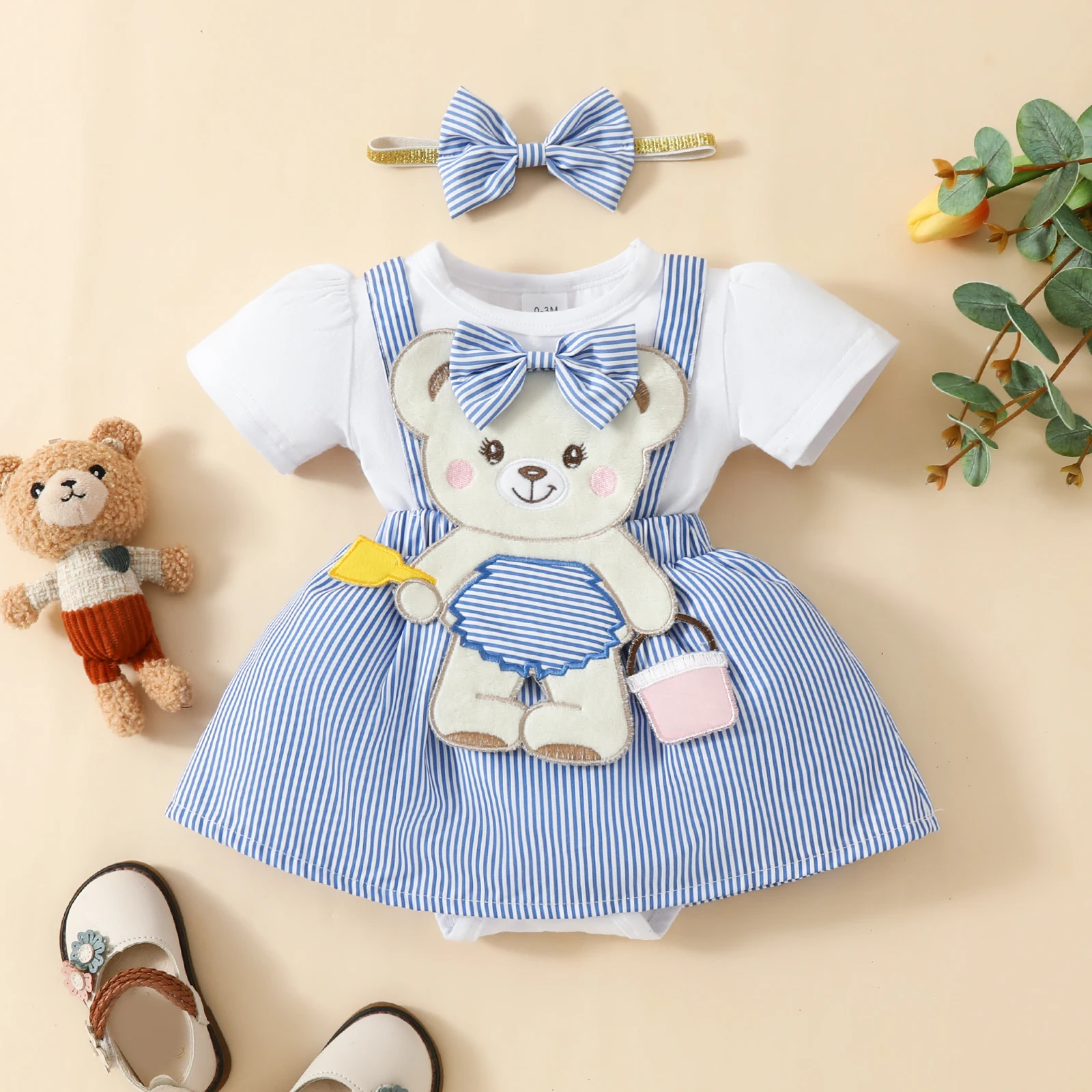 Baby Girl\'s 2pc Adorable Cartoon Bear Bodysuit & Striped Skirt Set with Matching Bow Headband - Perfect for Playtime & Vacations