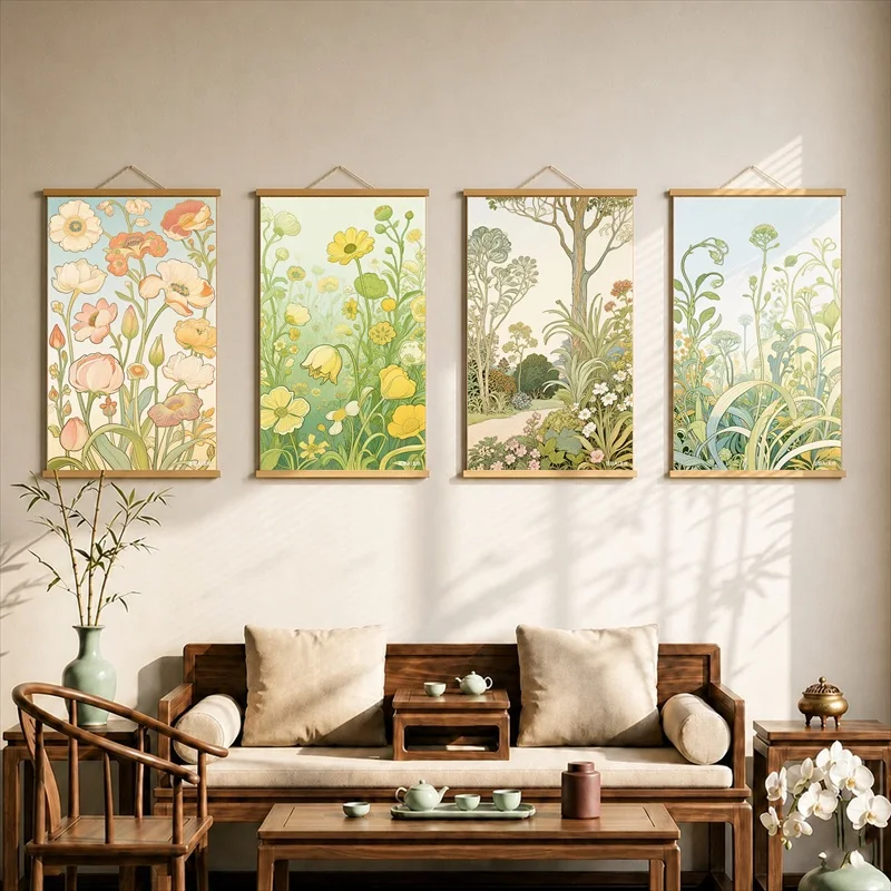 Wall Art Floral Woman with Decorative Halo, Art Nouveau Pearlescent Canvas Hanging Scroll with Wooden Rods for Boutique Hotel