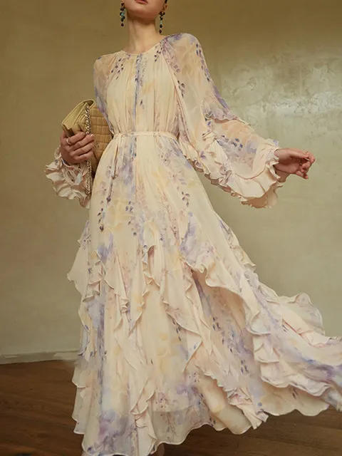 

Hit Color Printing Elegant Dresses For Women Round Neck Long Sleeves High Waist Temperament Long Dress Female New