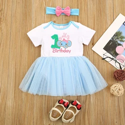 Baby Girl Clothing With Blue Headband Set Birthday Elephant Letter Print Short Sleeved Dress Jumpsuit Paired With Bow Headband