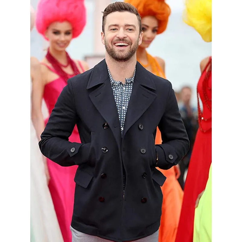 

Justin Timberlake double-breasted navy blue woolen jacket casual versatile thick warm mid-length trench coat