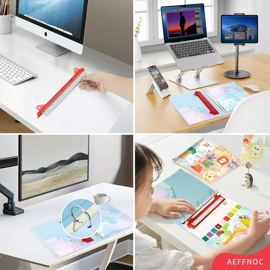 เครื่องเจาะกระดาษแบบพกพา 3 รู พร้อมไม้บรรทัด 10 นิ้ว สำหรับโรงเรียนและสำนักงาน เครื่องเจาะรู 3 วง จุกระดาษได้ 5 แผ่น ดีไซน์กะทัดรัด