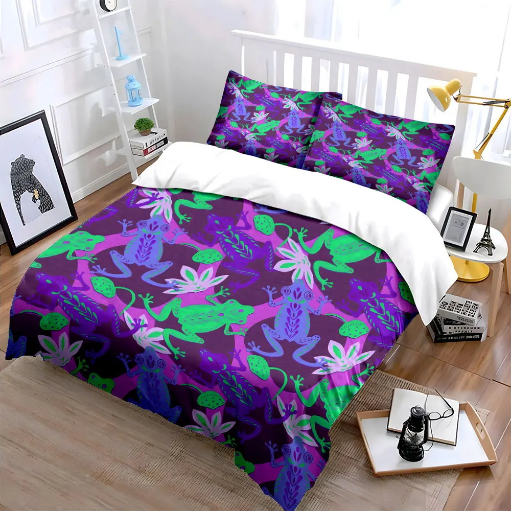 Frogs and Tropical Plants Pattern Bedding Set for Kids Luxury Gift 3pcs Digital Print Comforter Set Soft Comfortable Breathable
