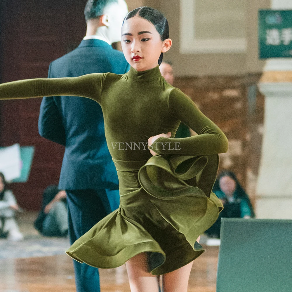 

Vennystyle Latin dance match dress Long sleeve high neck green girl ballroom dance performance ballroom dance dress