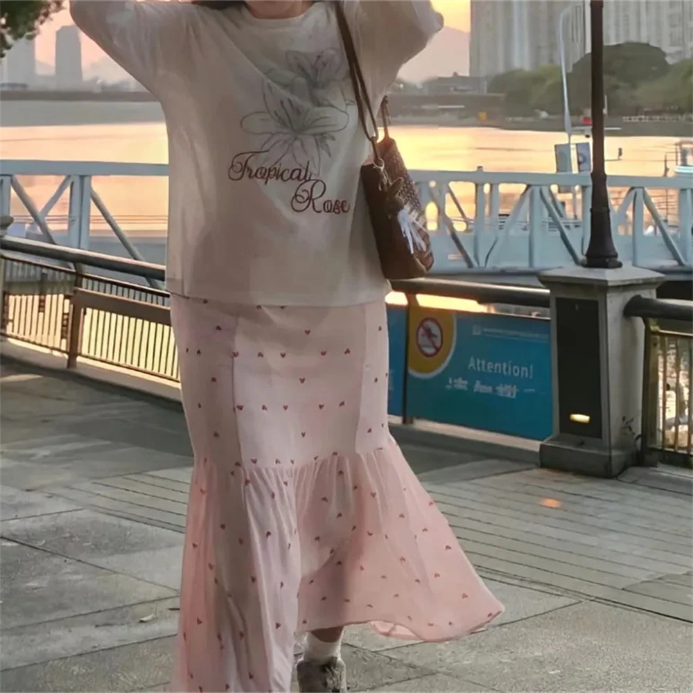 High Waist Tiered Casual Flowy Mermaid Skirt Women's Pink Heart Print Mermaid Maxi Skirt Chiffon Summer Beach Long Skirt
