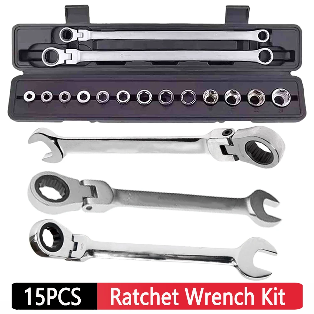 15Pcs Adjustable Ratchet Wrench Kit Chrome Vanadium Steel Hex Head Wrench 180 Degree Flex-Head Wrench Set Auto Repair Tools