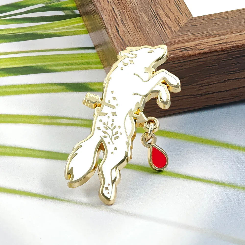 Ancient Rome Lupercalia Enamel Pin Mythological White Wolf Brooch Arrow Blood Drop Dangle Badge Pagan Wiccan Jewelry Gift for Fr