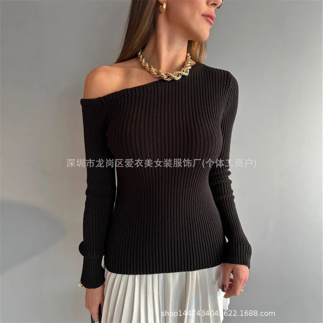 2025 Autumn Winter New Off Shoulder Slim Fit Long Sleeve Pullover Sweater Women White Black Two Colors Optional
