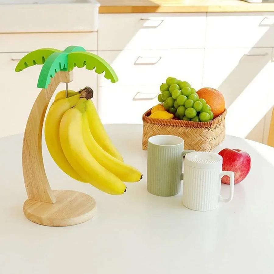 Bananenregal aus Holz zum Aufhängen, Küchenregal, simuliertes Blatt, dekoratives Obst-Vertikalregal mit Haken, Küchendekoration