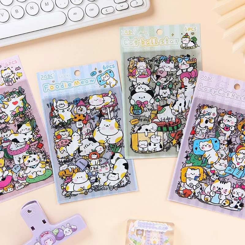 6 sheets Ins Cute Cartoon Sticker Kawaii Kitten Pet Stickers Simple Cartoon Journal DIY Notebook Goo Card Decorative Stickers
