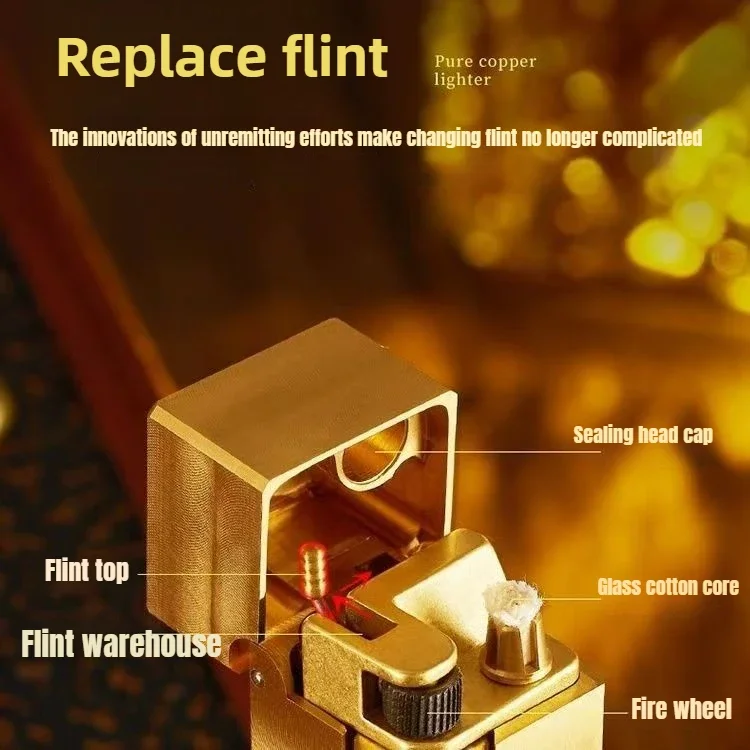 2027 Brass Handmade Oil Lighter, Square Side Grinding Grinding Wheel Retro Open Flame Lighter , High-end Collection Gift