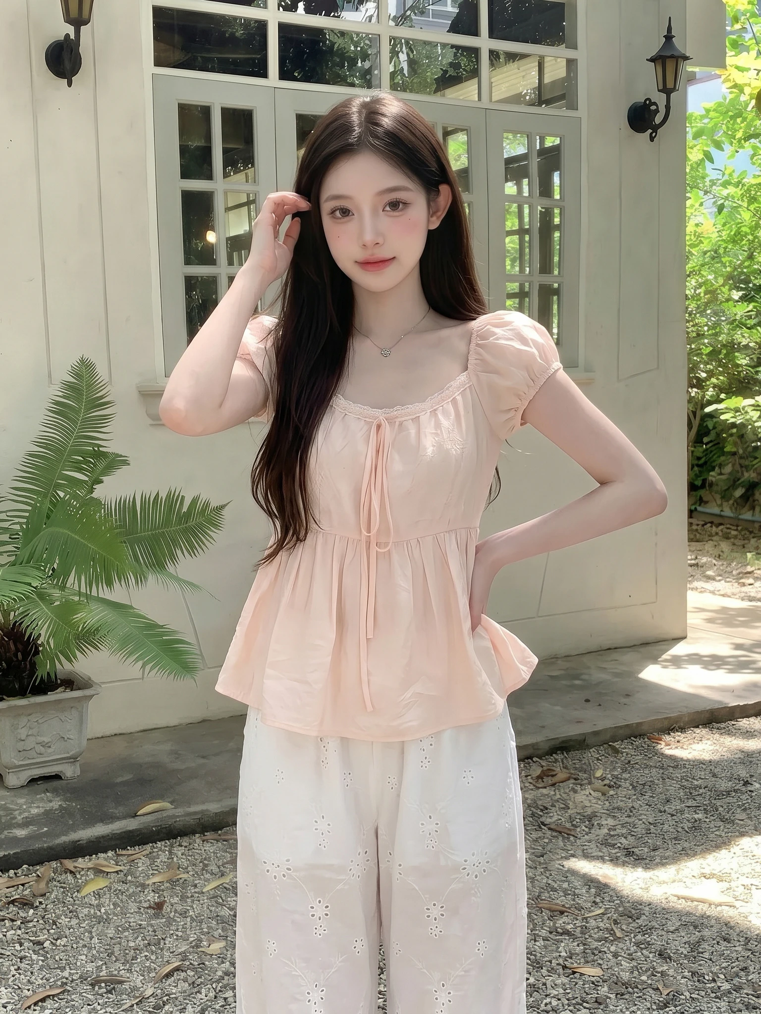 

Romantic Lace Trim Bow Tie Short Sleeve U-Neck Doll Shirt Women's Slimming Sweet Style Casual Fashion Summer New Arrival