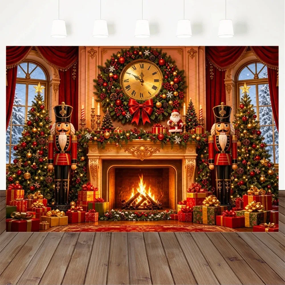 Christmas Fireplace, Double Soldier Garland, Clock Flame Theme Backdrop, Christmas Party Decoration, Photography Backdrop Cloth