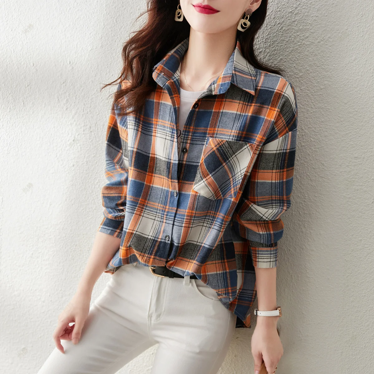 ربيع الخريف مزاجه منقوشة قميص 2026 عالية الجودة عادية التلبيب بلوزة عصرية للتنقل المرأة بلوزة بأكمام طويلة #1