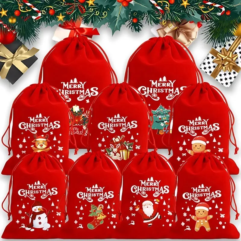 Merry Christmas Velvet Bags Drawstring Pouch Candy Snack Gifts Bag Jewelry Packaging Bags For Christmas New Year Decoration