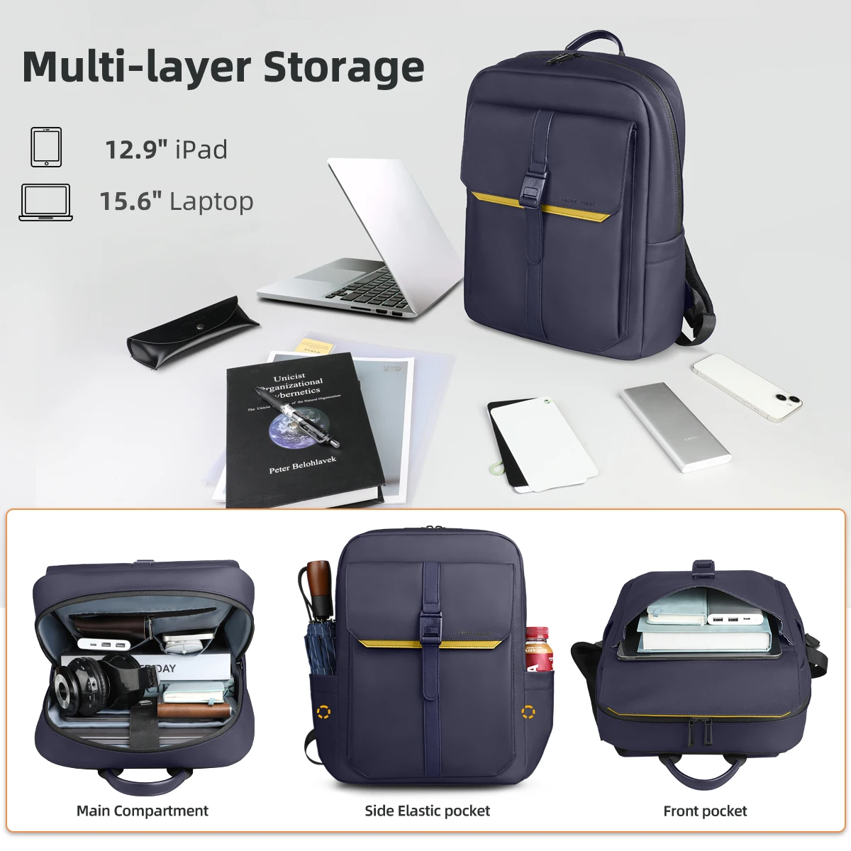 Mochila minimalista Hcankcan para hombre, bolso para portátil de negocios de 15,6 pulgadas, múltiples bolsillos, bolso escolar universitario, mochila de viaje impermeable