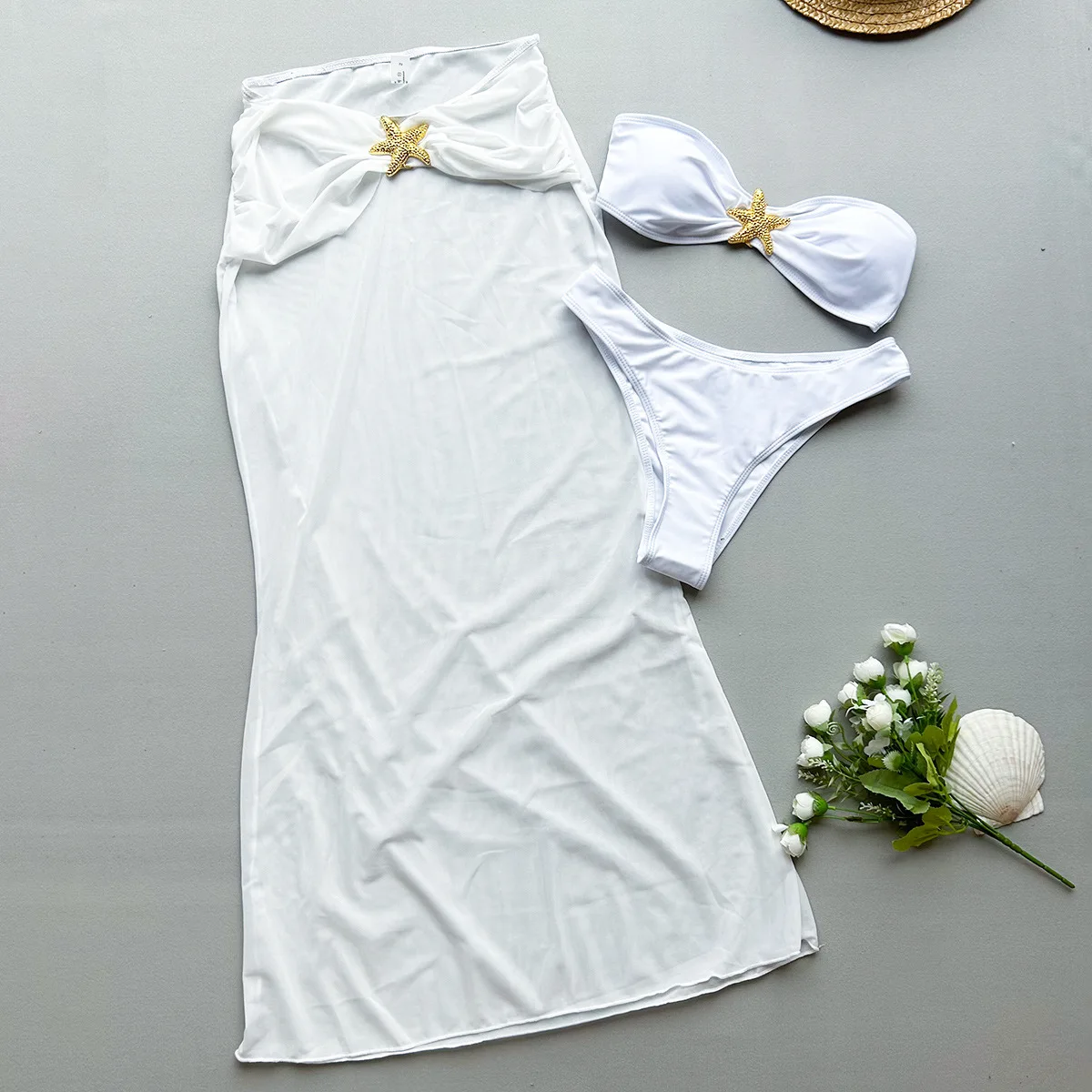 Conjuntos de Bikinis Bandeau de estrella de mar sexys, 3 uds. Con falda larga de malla, traje de baño con Tanga, trajes de playa, Bikini Tankini