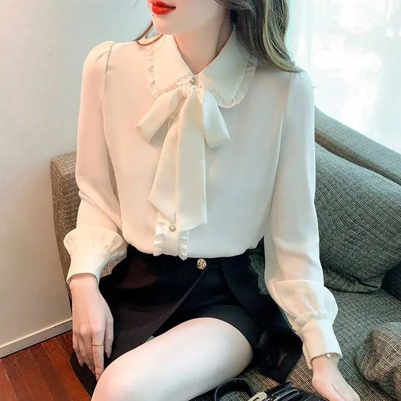 Butterfly Knot Long Sleeved Shirt for Women's Spring Autumn Clothing Version Niche Top Design Loose Temperament Chiffon Shirt