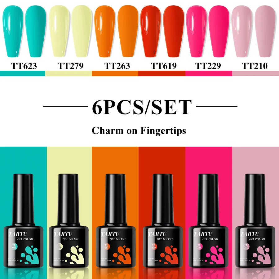 Ensemble de vernis à ongles Gel 6 pièces, Kit de vernis Gel Semi-permanent à paillettes rouge rose vert 6 couleurs, tremper Uv/Led, haut de manucure pour Nail Art