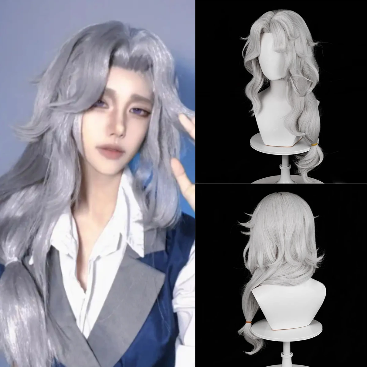 Anime Game Cosplay Fluffy Silvery Gray Synthetic Wigs Middle Part with Bangs Long Wavy Women and Men Wig for Daily Party