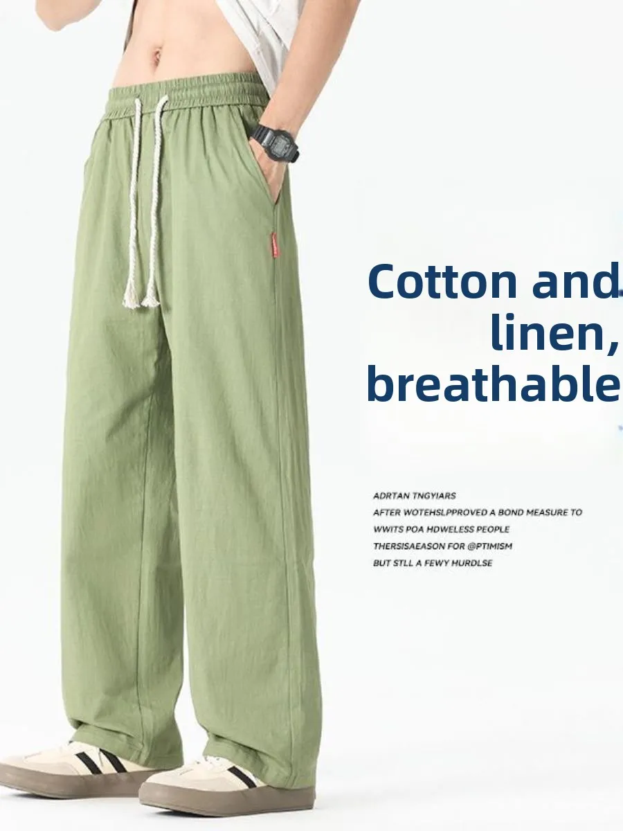 

New Chinese Style Casual Cotton Linen Men's Summer Pants Loose Wide Leg Long Trousers Sporty Straight Tube Universal Fit