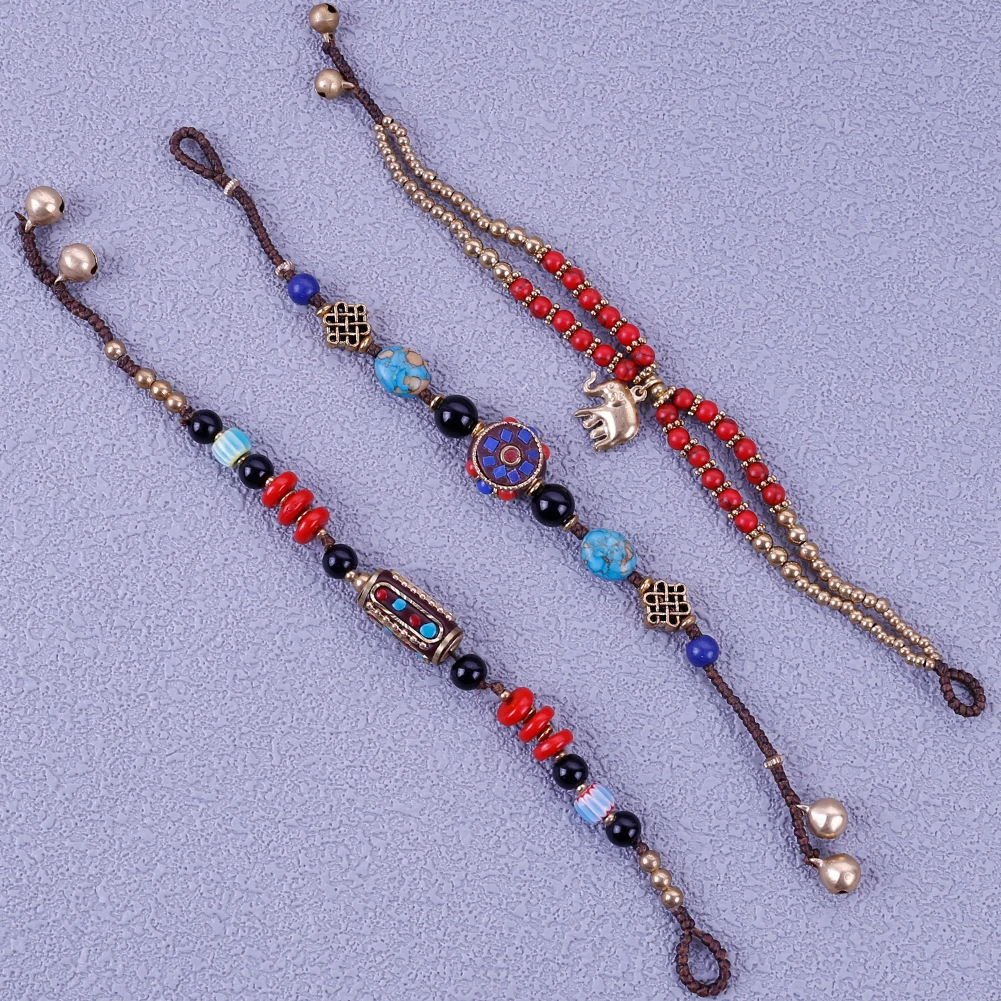 الأصلي أساور التبتية بوهيميو العرقية نمط الرجعية تصميم المنسوجة مضفر الخرز البرونزي جرس سوار للرجال النساء مجوهرات