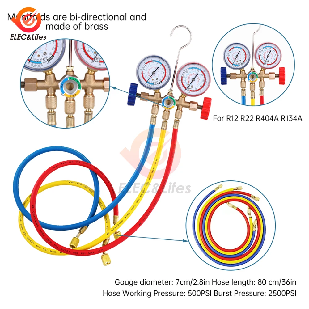 R134a Air Conditioning Pressure Gauge with Hose and Hook 3 Way AC Diagnostic Manifold Gauge Set Freon For R12 R22 R404A R134a