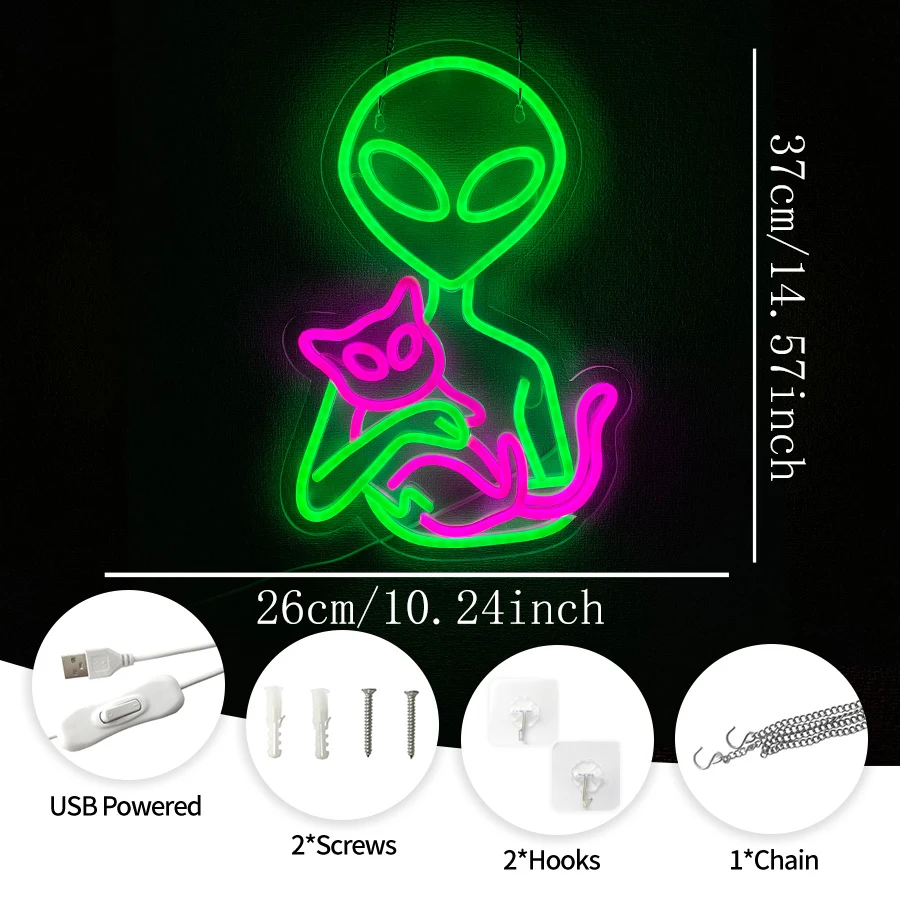 Green Alien Neon Sign,Aliens Cat LED Neon Light Sign for Wall Decor Bedroom Game Room Man Cave Home Bar Party Kids Boys Gifts