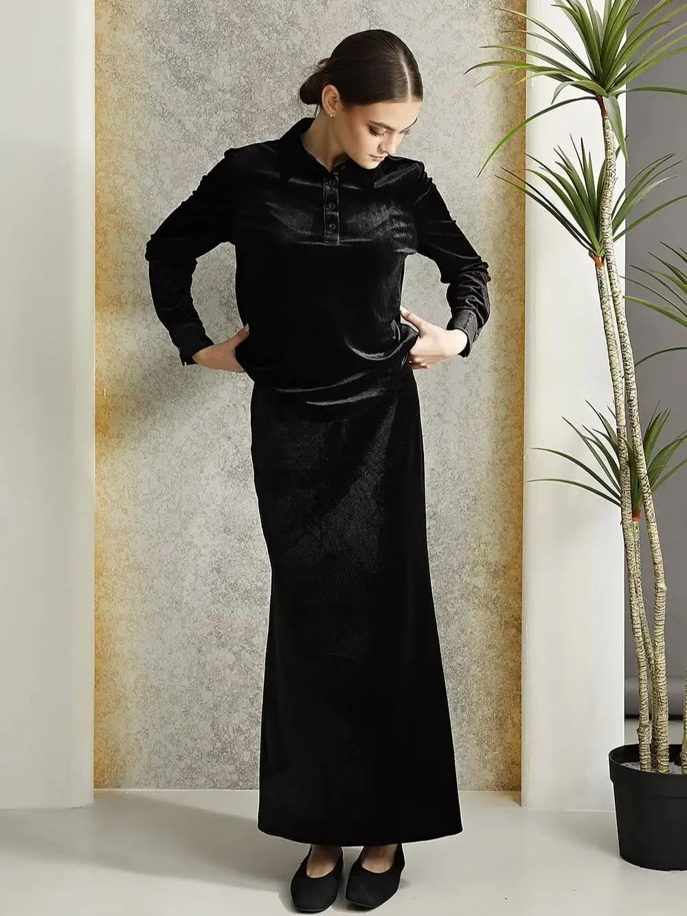 2025 Mail's Woman Black Velvet Clothes Long Sleeve Shirt+Maxi Skirt Autumn Winter Fashion Outfits