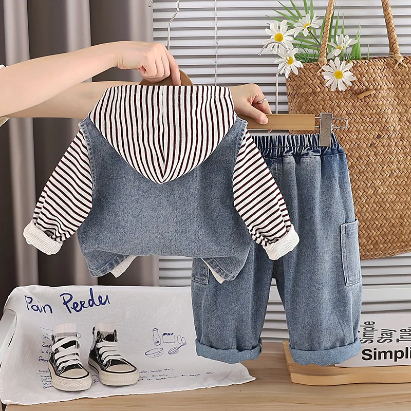 Baby Boy Fall Clothing Toddler Clothes 2026 Spring Autumn Korean Casual Denim Vest + Striped Hoodies + Pants 3 Piece Kids Outfit
