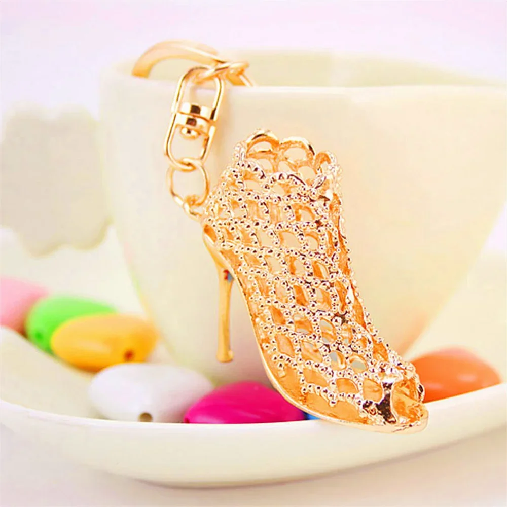 Luxury Ladies Crystal Sandals Keychain Rhinestone High Heel Shoe Flowers Charms Handbag Pendant Accessorie Car Trinket Keyring