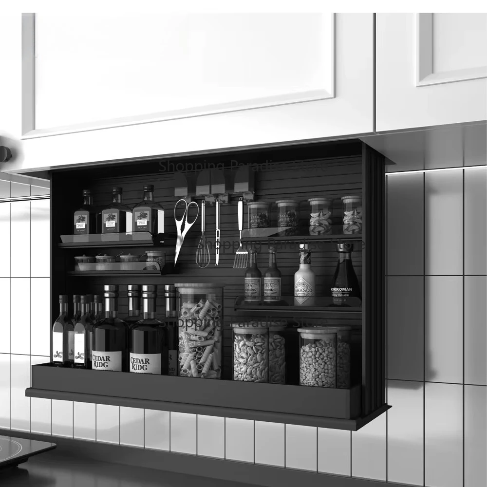 Touch Controlled Smart Lifting Cabinet Mechanism Vertical Hanging Spice Rack - Kitchen Cupboard Seasoning Storage Basket