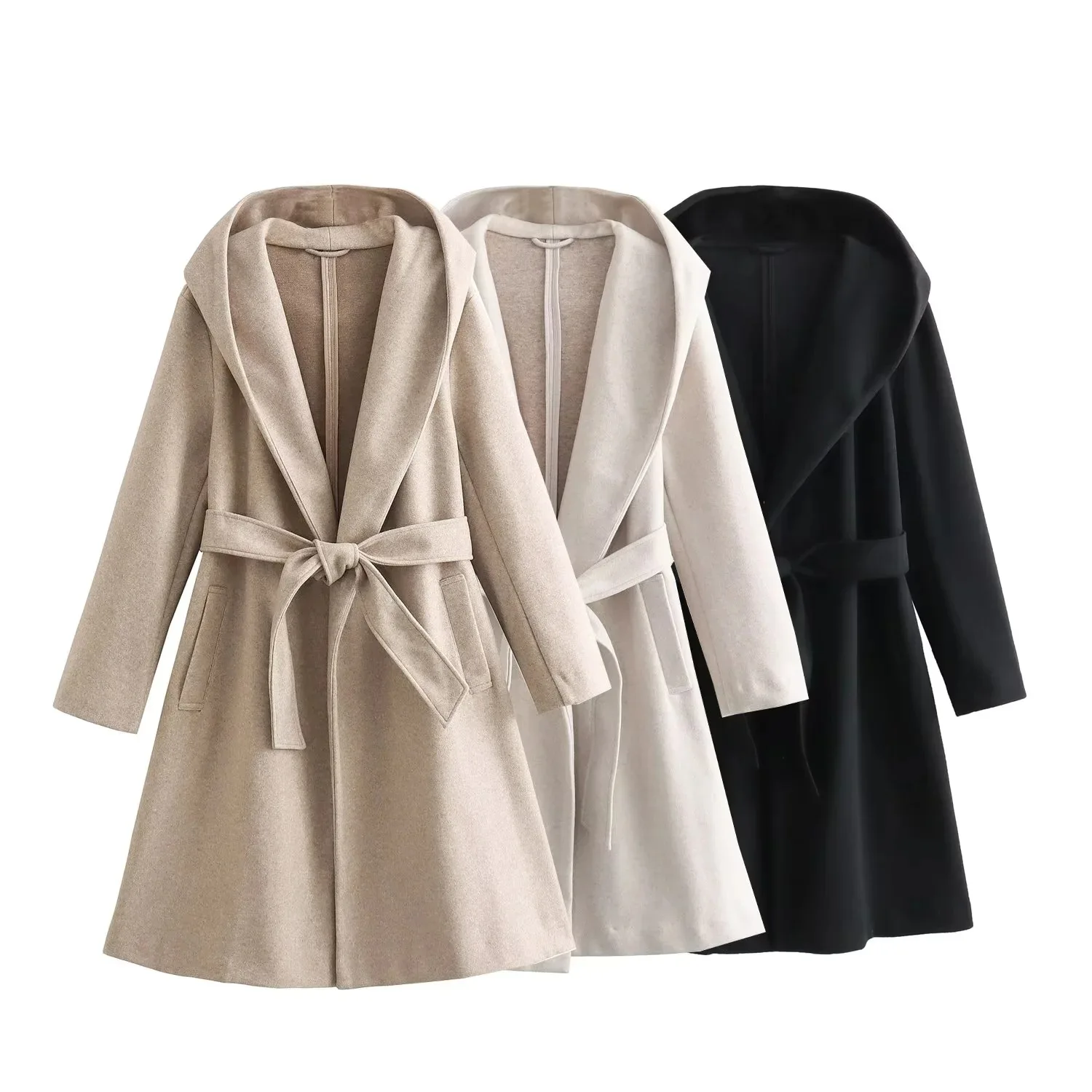 Women Woolen Trench Jacket Causal Outerwear Winter Hooded Lapel Collar Tide Bow Sashes Midi Long Coat Keep Warm Loose