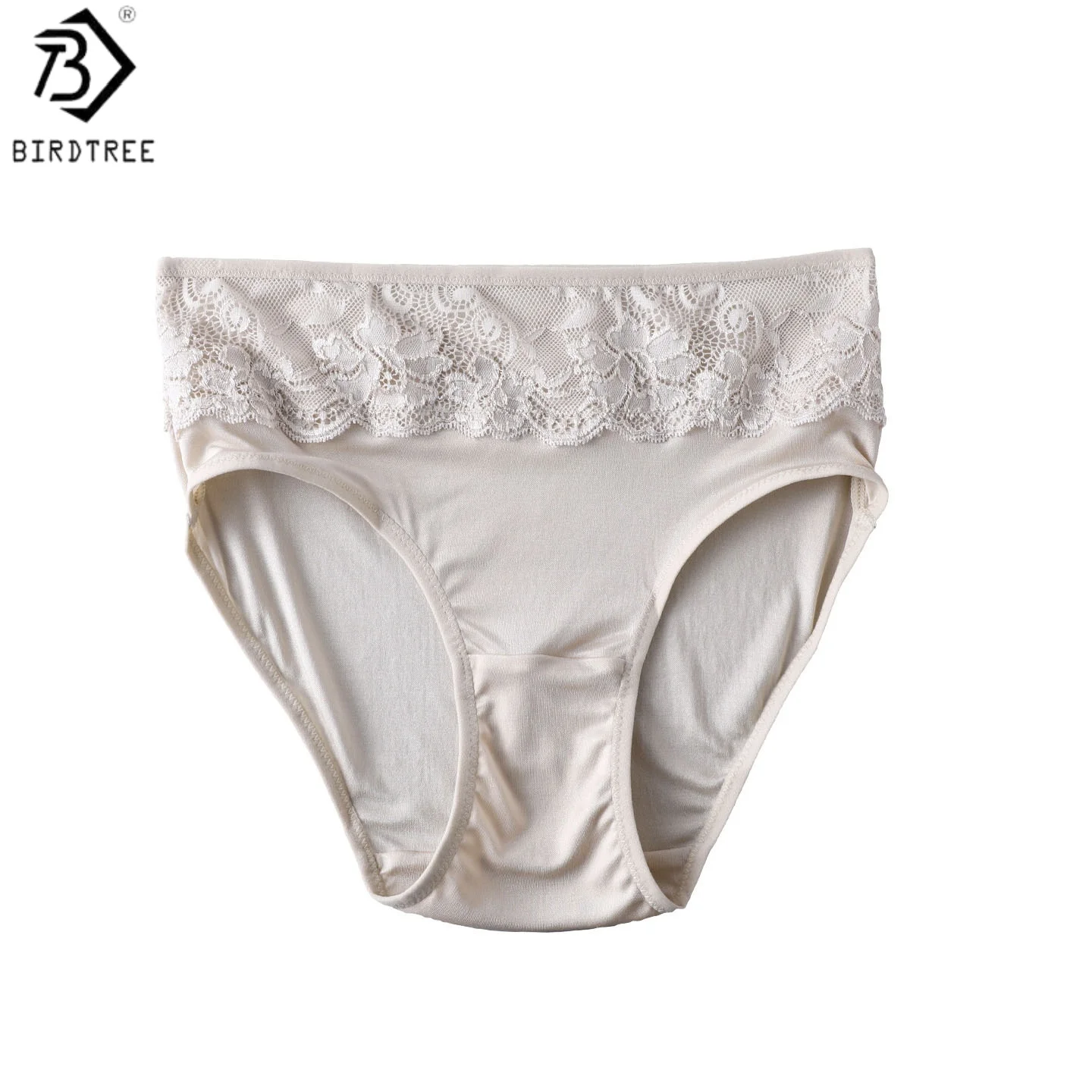 Birdtree, 2PCS 100% Real Silk Briefs, Women's Mid-waist Lace Underpants, Solid Sexy Breathable Brief, 2026 Spring New A62209JF