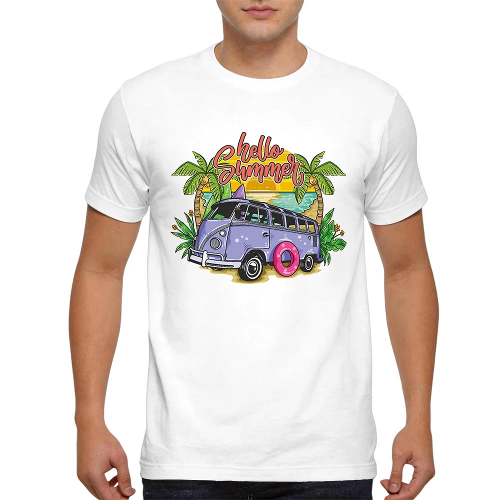 Mens 100% Cotton T Shirt Vintage Camper Van Surfboard Palm Beach Graphic Print Breathable Summer Short Sleeve Casual Tee
