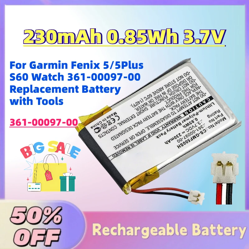 

High-Quality Upgrade 230mAh 0.85Wh 3.7V Battery for Garmin Fenix 5/5Plus S60 Watch 361-00097-00 Replacement Battery with Tools